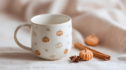 Hot black coffee mug with cinnamon, sweet cookies, and spoon on a wooden breakfast table
