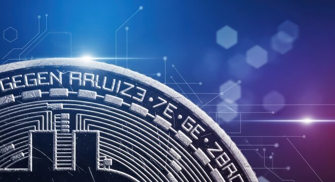 Modern cryptocurrency coin with intricate digital network backdrop design - Powered by Adobe
