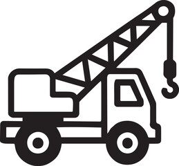 A detailed vector illustration depicts a robust crane truck, the workhorse of construction and heavy lifting, rendered in striking black and white.