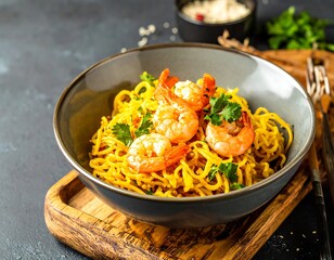 Spicy shrimp noodles in a bowl
