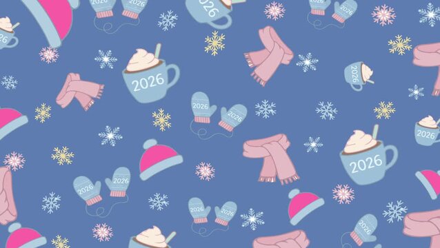 Seamless looping winter pattern with mugs labeled 2026, scarves, hats, mittens, and pastel snowflakes creating a cute and cozy seasonal holiday theme.