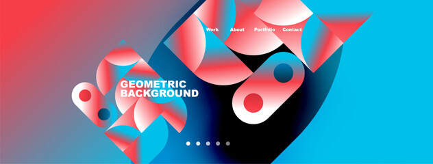 Abstract geometric shapes, vibrant colors, gradient background. Navigation menu present, modern design elements visible.