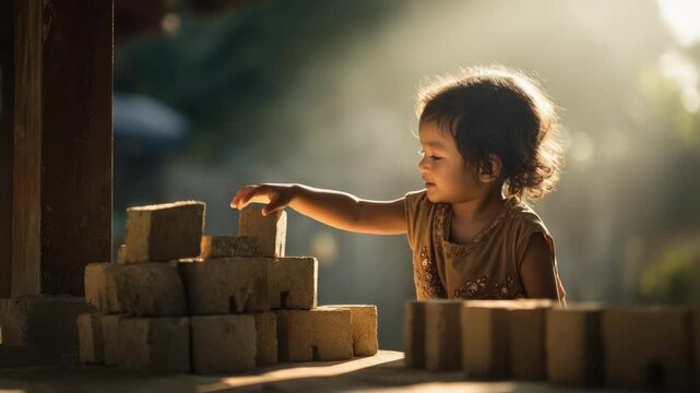 A young child stacks bricks in a sunlit outdoor space, reaching to place another block on a small brick tower.