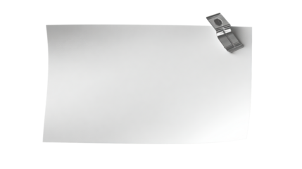 A silver metal clip holding the corner of a blank white paper sheet on a plain white surface, perfect for notes, memos, or presentation documents.