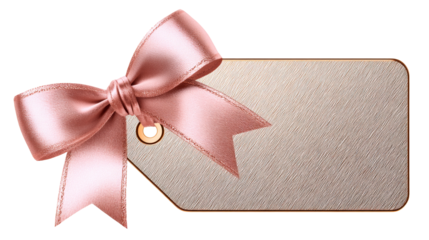 Elegant pale pink satin bow tied to a textured rectangular gift tag with a metallic gold eyelet, perfect for luxury packaging, branding, or special occasion announcements.