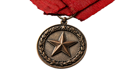Award medal with a star emblem and red ribbon, representing achievement and victory, perfect for celebrating success in contests and competitions for businesses and events.