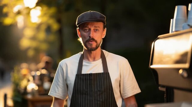 Bearded street vendor in a flat cap and striped apron talks to the camera beside a food truck on a sunny city street.