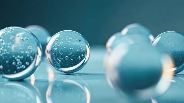 Blue glass marbles with bubbles inside on a reflective surface.