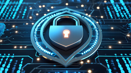 Digital padlock security icon on circuit board background with glowing cyber elements