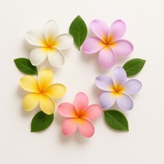Fototapeta premium Professional studio photo top view plumeria set with five tropical pastel flowers arranged in perfect circle with fresh green leaves between each blossom