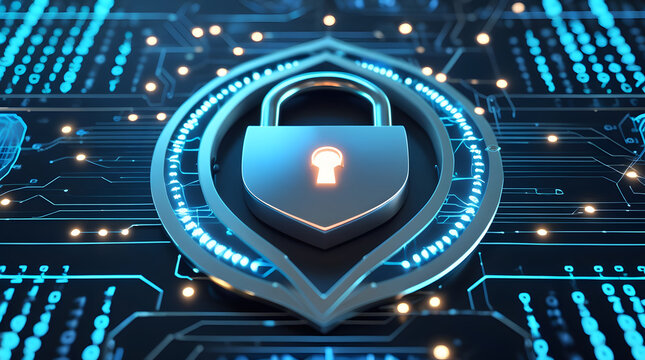 Digital padlock security icon on circuit board background with glowing cyber elements - Powered by Adobe
