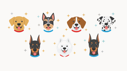Colorful illustration of seven dog breeds wearing party hats against a clean white background with sparkles, celebrating happy new year.