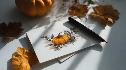 Halloween pumpkin decoration with orange autumn fall leaves on a wooden table
