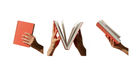 Hands holding books and magazines forming the letter m on a transparent background