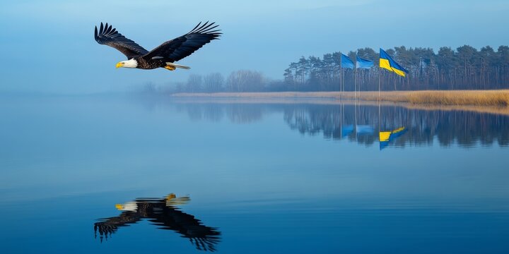 Bald eagle flying over lake with ukrainian flags, concept of help and support - Powered by Adobe