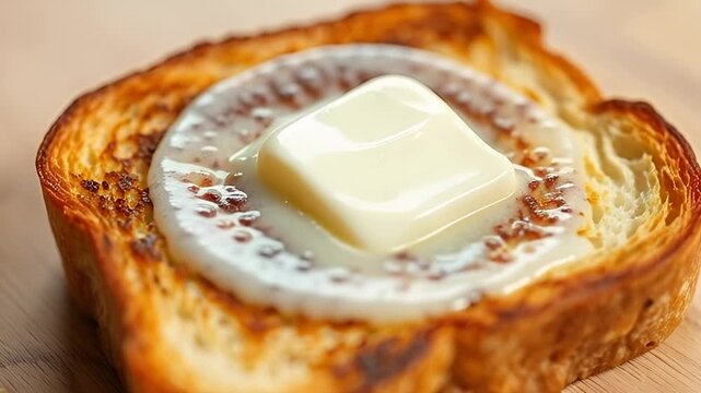 Close-up of golden brown toasted bread with a pat of melting butter on a wooden surface