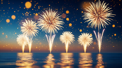 Stunning golden fireworks exploding above calm water surface during festive evening celebration