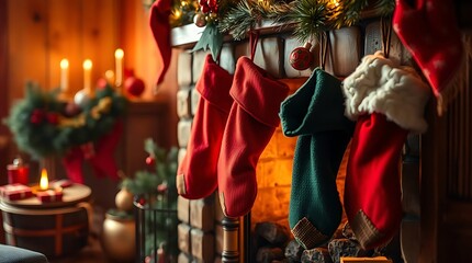 An ultra-realistic depiction of Christmas Day, focusing on a cozy fireplace with stockings hung by the chimney, soft warm light illuminating the scene, rich reds and greens.