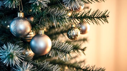 An ultra-realistic image of a decorated Christmas tree, featuring shimmering baubles, delicate tinsel, and a soft, diffused light source