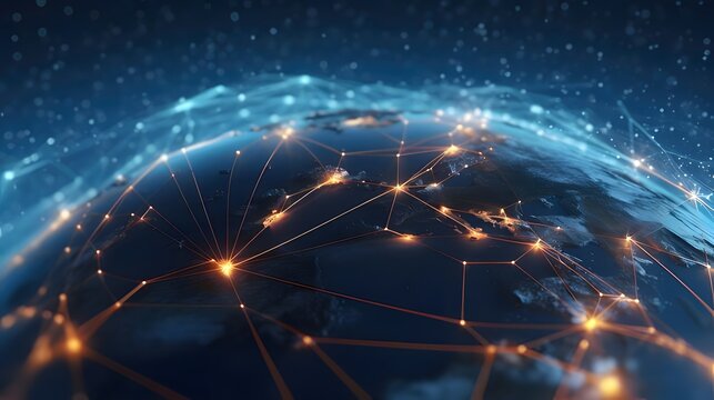 Futuristic cityscape at night with glowing digital network overlay - Powered by Adobe