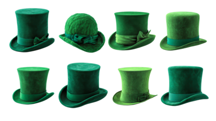 Collection of various green top hats decorated with ribbons and bows, perfect for celebrations like St. Patricks Day or costume events, offering versatility for holiday promotions and