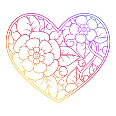 Mehndi flower pattern in form of heart for Henna drawing and tattoo. Decoration in ethnic oriental, Indian style. Valentine's day greetings. Rainbow color pattern on white  background.