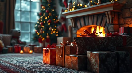 An ultra-realistic portrayal of a classic Christmas setting, emphasizing intricate details of presents wrapped in festive paper, a crackling fire, and the soft glow of holiday lights