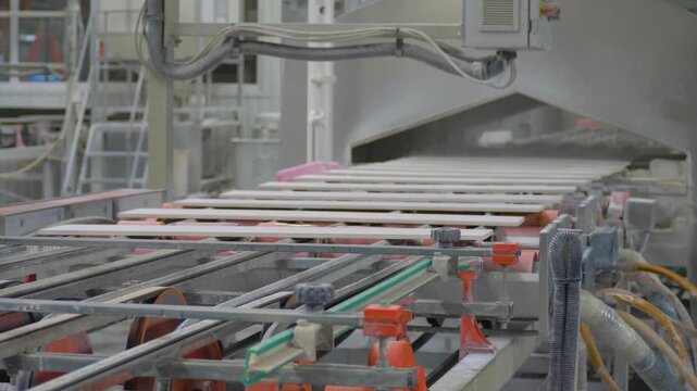 Ceramic tile manufacturing plant. Belt conveyor system line at heavy plant