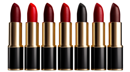 Collection of luxurious lipstick tubes in various rich shades of red and black, presented in elegant gold and black packaging, perfect for beauty and cosmetic product applications.