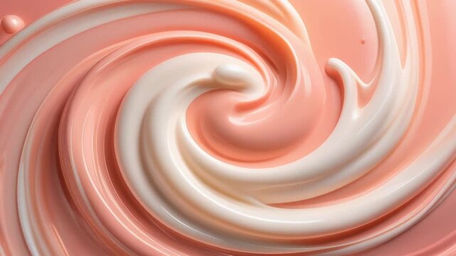 Slow-motion video of swirling pink and white creamy texture resembling whipped frosting or lotion, glossy surface, fluid motion, abstract aesthetic for food, beauty, or design applications.