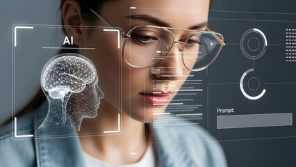 Young woman in glasses interacting with an advanced artificial intelligence interface, featuring a holographic brain and data visualizations.