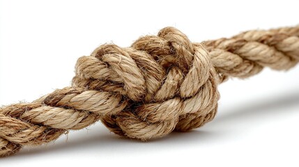 Tightly tied knot in a strong brown natural fiber rope on white