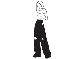 line sketch fashion girl in very long black baggy torn wide pants