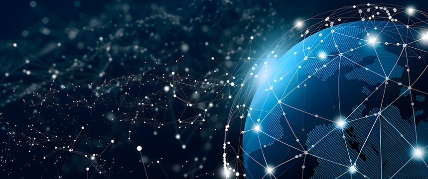 Abstract digital network connection with glowing lines and binary code - Powered by Adobe