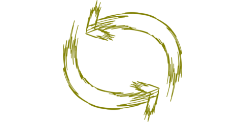 A hand-drawn circular arrow symbol with two opposing arrows indicating a cycle or process.