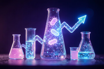 Glowing laboratory beakers with animated bacteria and growth arrow, representing scientific research and discovery.