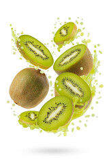Fresh kiwi juice with freshly cut kiwi fruit slices in dynamic splashes soar as flow, isolated. Great for summer detox menu, vitamin product promotion, antioxidant beverage, juice label, poster.