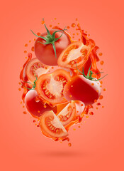 Fresh tomato juice, ripe red tomato slices in splashing of juice droplets levitated as energy flow, on red background. Perfect for vegetarian diet menu, juice label, detox fitness food, advertising.