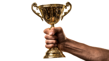 Mans hairy arm firmly grips a golden trophy cup, symbolizing victory, achievement, and success in a competition or sporting event, perfect for awards ceremonies and recognition themes.