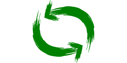 Green brushstroke refresh arrows forming a circular loop on a white background, symbolizing reload, recycle, or update.