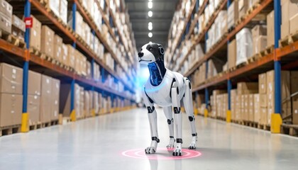 A futuristic robotic dog in a vast warehouse, standing alert amidst towering shelves of boxes. The sleek, automated canine exudes a sense of technological advancement and logistical efficiency.