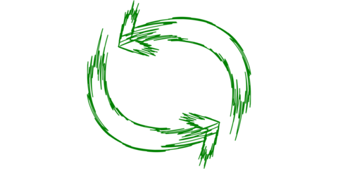 Hand-drawn green arrows forming a continuous circular refresh or recycle symbol on a white background.