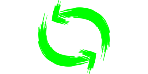 A bright green circular arrow symbol with a brush stroke effect on a white background.