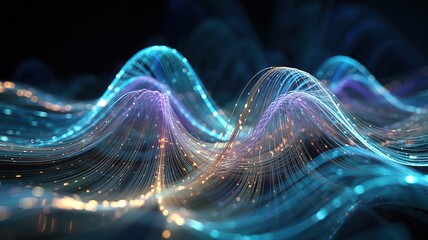 Flowing iridescent fiber optic strands create a beautiful glowing wave pattern against dark backdrop
