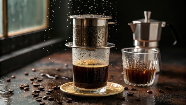 Traditional Vietnamese drip coffee brewing with phin filter and moka pot, coffee beans scattered on wet surface, ideal for cultural beverage blogs, cafe menus, brewing guides, slow coffee lifestyle