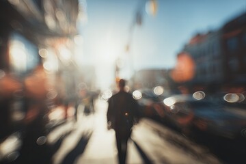 Fototapeta premium Person walking in a blurred urban street scene with sunlight reflections and soft focus background