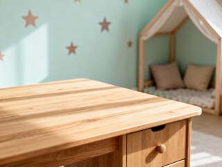 Empty children’s desk mockup in little girl primary school bedroom (age 6-8), clean wooden table top with minimal or no decor, soft pastel Scandinavian girl room, perfect for stationery