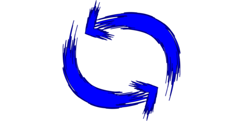 Two blue brushstroke arrows forming a circular refresh or reload symbol on a white background, indicating a continuous cycle or update.