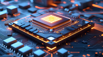 Central processing unit glowing with orange light on a circuit board hardware