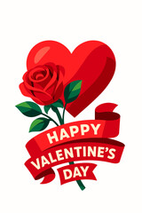 Red Rose with Ribbon and Happy Valentines Day Text, Romantic Holiday Love Emblem
